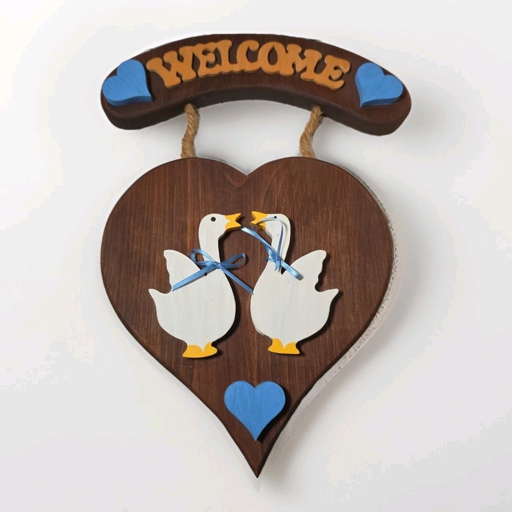 VTG Welcome Geese Plaque Vintage Heart Wall Decor Door Hanger Cottagecore Ribbon